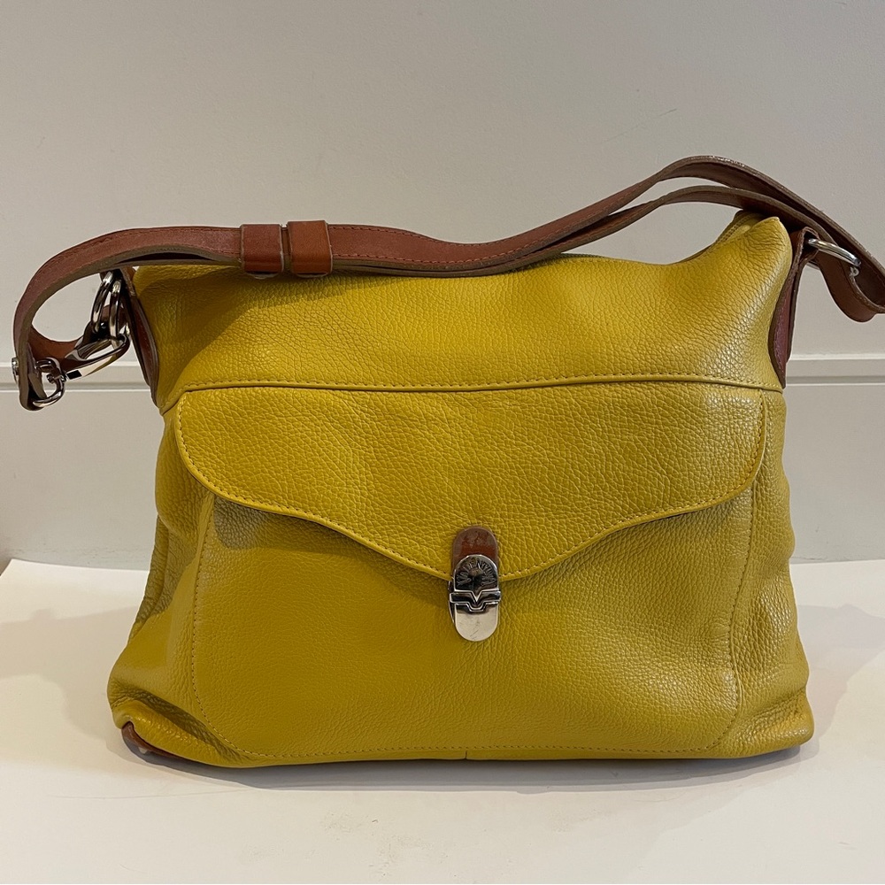 Valentina Yellow Leather Shoulder Bag with Brown Strap